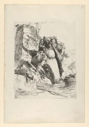 En trollkarl, en soldat och tre figurer som tittar på en brinnande skalle från Scherzi d..., ca. 1743-50.