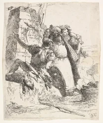 En scen av nekromanti: en kvinna som bär ett fartyg, en man med turban och en soldatblick..., ca. 1743-57.