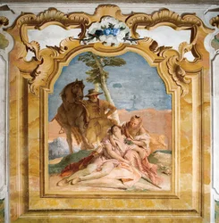 Angelica kommer till hjälp för den sårade Medoro, från Orlando Furiosos rum i Palazzina, 1757