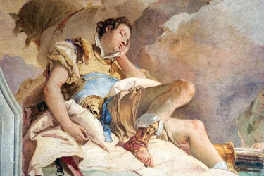 Detalj av Rinaldo, från Armida Abducting the Sleeping Rinaldo, från Jerusalems rum Levererad i Palazzina, 1757