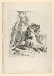 Trollkarl som pekar ut ett brinnande huvud till två ungdomar, från Scherzi, ca. 1743-50.
