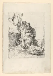 Trollkarl med fyra figurer nära ett rykande altare, från Scherzi, ca. 1743-52.