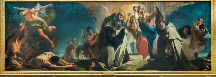 Our Lady of Carmel bland de heliga Simon Stock, Teresa av Avila, Albert av Vercelli, profeten Elia och skärseldens själar, 1745