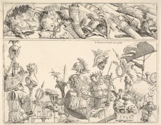 Romerska vapen, standarder och troféer, en komposition uppdelad i två horisontella band, 1774.
