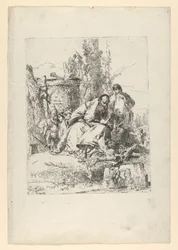 Sittande trollkarl, pojke och fyra figurer från Scherzi di Fantasia, ca. 1743-50.