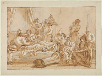 Spädbarnet Punchinello i sängen med sina föräldrar, ca 1800