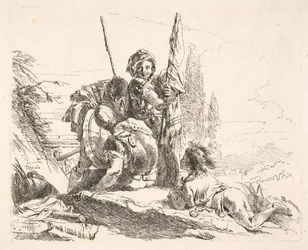 Tre soldater och en yngling som ligger på magen i ett landskap, soldaterna bär en..., ca. 1740-42.