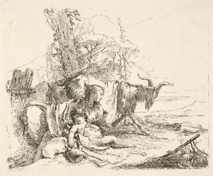Kvinna och spädbarnssatyr i ett landskap, kvinnan vrider sig för att se över sin vänstra sko..., ca. 1740-42.