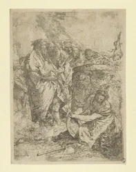 Kvinna som knäböjer framför magiker och andra figurer, från Scherzi, ca. 1740.