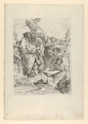 Kvinna som knäböjer framför magiker och andra figurer, från Scherzi, ca. 1743-50.