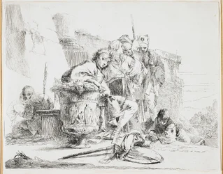 Ung man sittande, lutad mot en urna, tallrik från Vari Capricci (Various Caprices), 1740-talet
