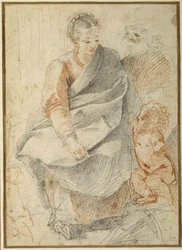 Den heliga familjen (röda och svarta krita på vitt papper)
