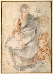 Den heliga familjen (röda och svarta krita på vitt papper)