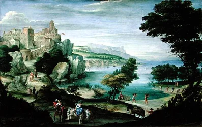 Strand med ett slott (olja på panel)