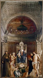 Altartavla av Saint Job: Virgin and Child with Sex Saints and Musicians Angels (tempera på panel, ca 1487)
