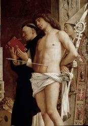 Altartavla av Saint Job: Jungfru och barn med sex heliga och musiker änglar. Detalj (tempera på panel, ca 1487)