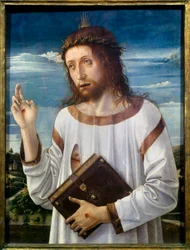 Kristusbänkmålning av Giovanni Bellini dit il Giambellino (1430-1516) 1460 sön.0,58x0,46 m - Kristusvälsignelsen. Målning av Giovanni Bellini kallad Giambellino (1430-1516) 1460. 0,58 x 0,46 m. Louvren, Paris