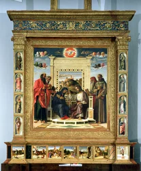 Jungfruns kröning med de heliga Paulus, Petrus, Hieronymus och Franciskus av Assisi samt scener ur helgonens liv på predellapanelen, känd som altartavlan Pala di Pesaro, ca 1474