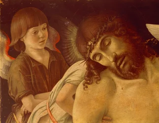 Pieta or Dead Christ Supported by Angels, ca 1474, av Giovanni Bellini (1431-36 - 1516), tempera på panel, 91x131 cm. Detalj.
