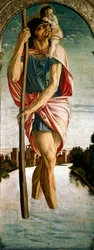 Polyptic of Saint Vincent Ferrier (Vicent Ferrer, Vicente Ferrer) (1350-1419): "" Saint Christopher "" "Panel till vänster. Målning på trä av Giovanni Bellini (ca 1432-1516) dit il Giambellino 1464-1468 Sön 167x67 cm Venedig, Santi Giovanni e P-kyrkan
