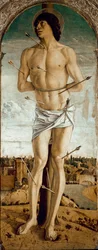 Polyptyk över den helige Vincent Ferrer: den helige Sebastian. Målning av Giovanni Bellini, kallad il Giambellino (omkring 1432-1516), 1464-1468, mått 167 x 67 cm, Venedig, Chiesa dei Santi Giovanni e Paolo
