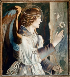 Polyptyk av St Vincent Ferrier: Bebådelsens ängel (Polyptyk av St Vincent Ferrer: Bebådelsens ängel) Målning av Giovanni Bellini dit il Giambellino (ca 1432-1516) 1464-1468 Dim 72x67 cm Venedigkyrkan Santi Giovanni e Paolo