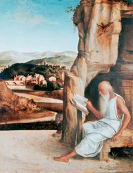 St Hieronymus läser i ett landskap, c1450-1516