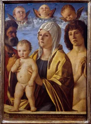 Jungfrun och Jesusbarnet mellan St. Peter och St. Sebastian Målning av Giovanni Bellini dit il Giambellino (1430-1516) 1500-talet sön. 0,82x0,58 m - Jungfrun och Jesusbarnet mellan St. Peter och St. Sebastian. Målning av Giovanni Bellini som heter G