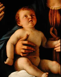 Jungfru och barn med den heliga Katarina och Maria Magdalena, ca 1500 (olja på panel) (detalj)
