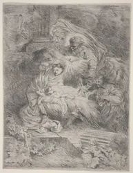 Födelse med Gud Fadern, den helige Andes duva och änglar, ca 1645 (etsning)