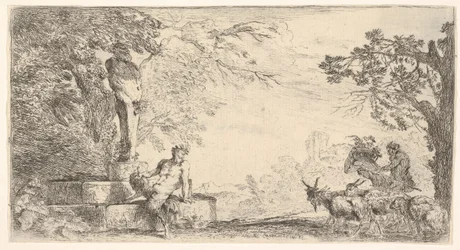 En satyr liggande vid foten av en staty av Priapus, getter till höger, ca. 1645-48.