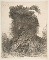 Huvud av en man i skugga, lätt vänt åt vänster, ur serien med stora Or..., cirka 1645-1650.