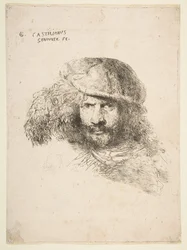 Huvudet på en man som bär en fjädermössa möjligen Bernini, möjligen ett självporträtt..., ca. 1645-1650.