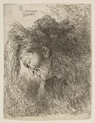 Huvudet på en gammal man som tittar ner, vänd mot vänster, från serien av små huvuden i ..., ca. 1645-1650.
