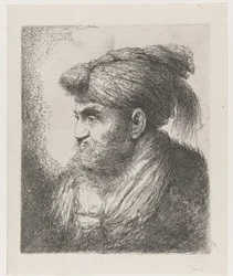 Huvudet på en man som bär en turban med tofs Stor studie av huvuden med orientaliska huvudbonader (serietitel)