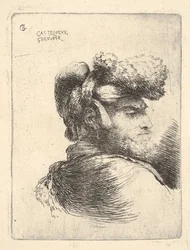 Man i profil vänd åt höger, iklädd pälsmössa, från serie Small Heads i Or..., ca. 1645-1650.
