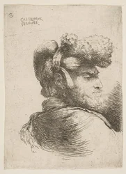 Man i profil vänd åt höger, iklädd pälsmössa, från serie Small Heads i Or..., ca. 1645-1650.