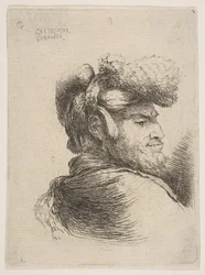 Man i profil vänd åt höger, iklädd pälsmössa, från serien Small Heads in Orie..., ca. 1645-50.