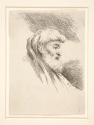 Old Man with Long Beard, i profil, vänd till höger, från serien Les petites tetes d
