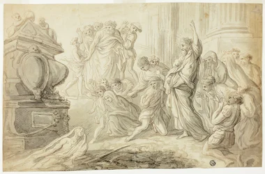 Resning av Lazarus (recto); Resenärer med kundvagn Outside Inn (verso)