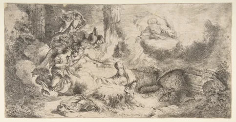 Jungfrun och barnet, Gud fadern uppe till höger, änglar till vänster, ca. 1647-50.