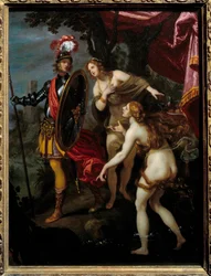 Carlo och Ubaldo ska leverera Rinaldo Illustration av en scen av "La Jerusalem delivree" (La gerusalemme liberata) av Torquato Tasso (kallad Muggen). Målning av Giovanni Bilivert (1576-1644) 1500-talet