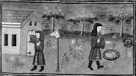 Decameron,Frédéric knackar på Madame Tessas dörr; mannen hittar mat och vin under ett persikoträd. Sjunde dagen, novell 1