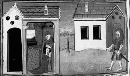 Decameron, Arimino hör sin hustrus bekännelse; mannen står vakt vid dörren till huset. Sjunde dagen, novell 5