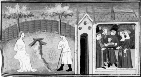 Decameron, Cimon observerar Iphigenia; ett dubbelbröllop firas. Femte dagen, novell 1