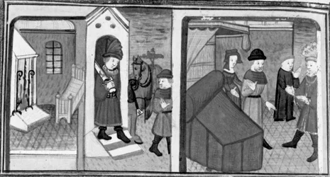 Decameron, Riddaren Lambertuccio rymmer från Isabellas rum; kvinnans man hittar älskaren i rummet . Sjunde dagen, novell 6
