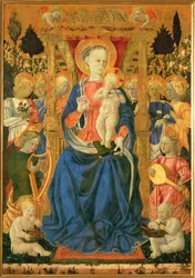Jungfru och barn på tronen, med änglar och putti (målning på trä)