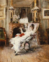 En elegant dam som håller en fläkt, 1874