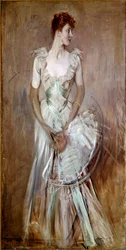 Vacker period: "" Porträtt av grevinnan av Leusse nee Berthier""" Kvinna i elegant vit aftonklänning. Målning av Giovanni Boldini (1842-1931) Sön. 200x105 cm Pistoia, Boldini Collection