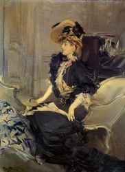 Belle Époque: ”Besöket” Elegant ung kvinna i aftonklänning.